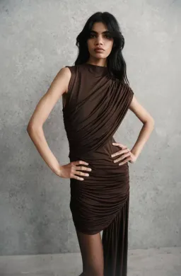 De La Vali Ravenna Draped Jersey Mini Dress in Chocolate Brown Size AU 8 for rent on The Volte - image 5