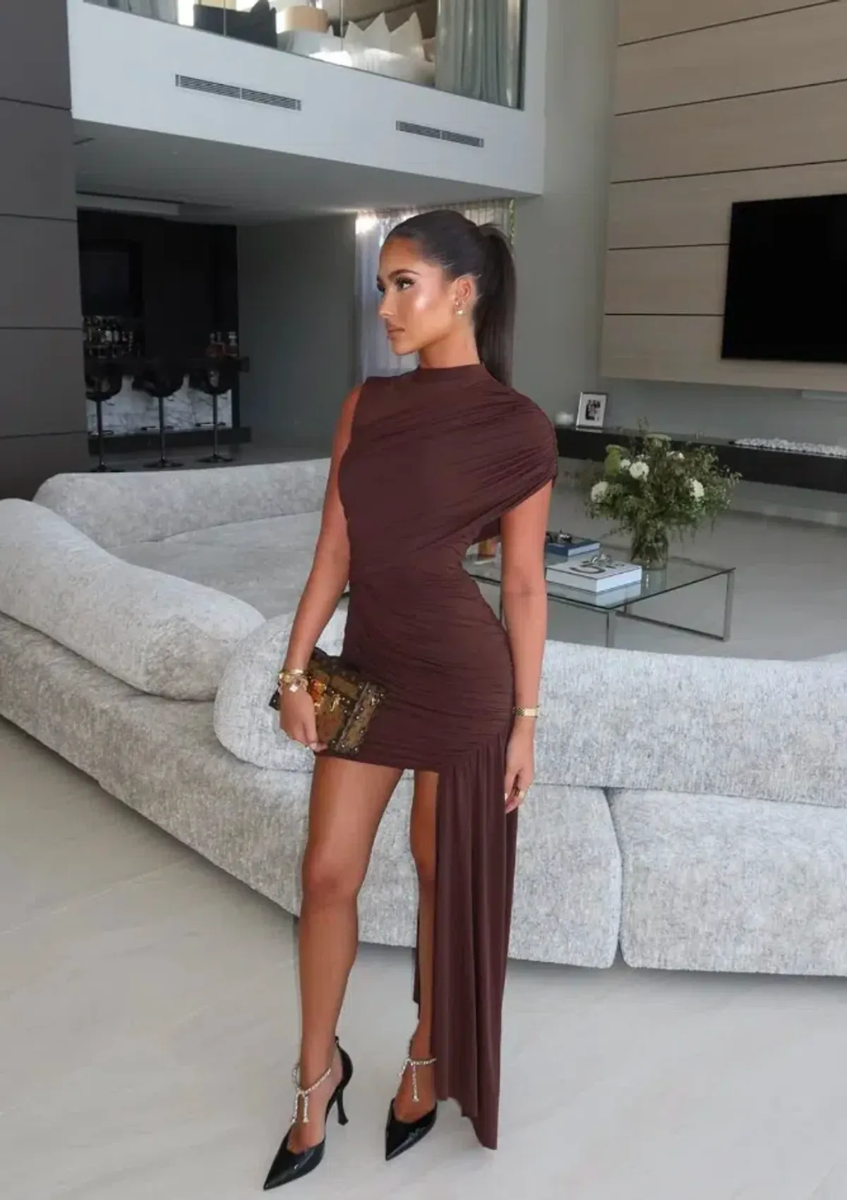 De La Vali Ravenna Draped Jersey Mini Dress in Chocolate Brown Size AU 8 - Image 2