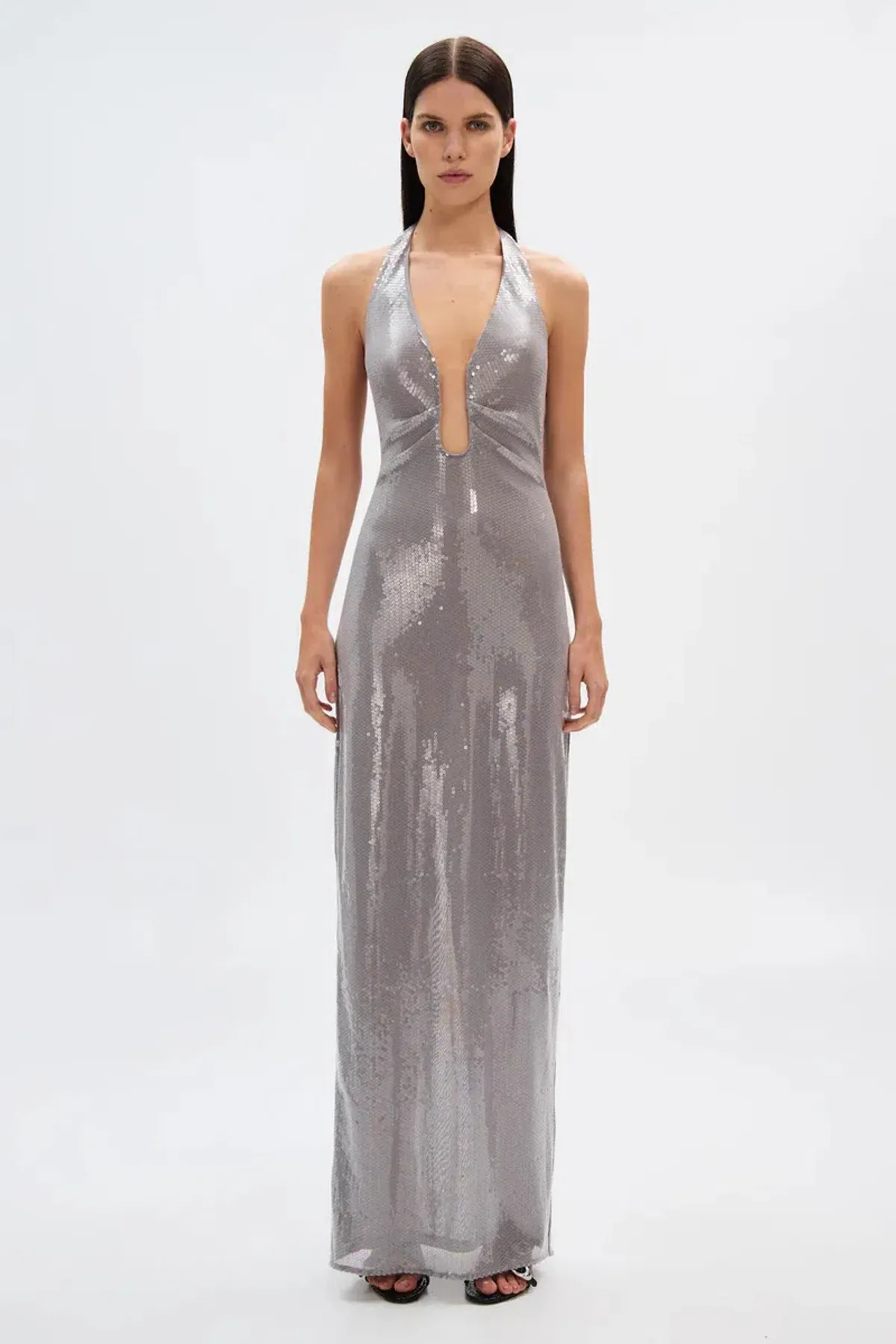 Misha The Alusia Maxi Dress Silver Sequin Size 8  - Image 1