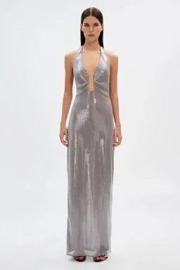 Misha The Alusia Maxi Dress Silver Sequin Size 8  for rent on The Volte - image 1