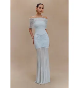 Meshki Caspian Slinky Mesh Off Shoulder Dress Pale Blue Size AU 8 for rent on The Volte - image 1