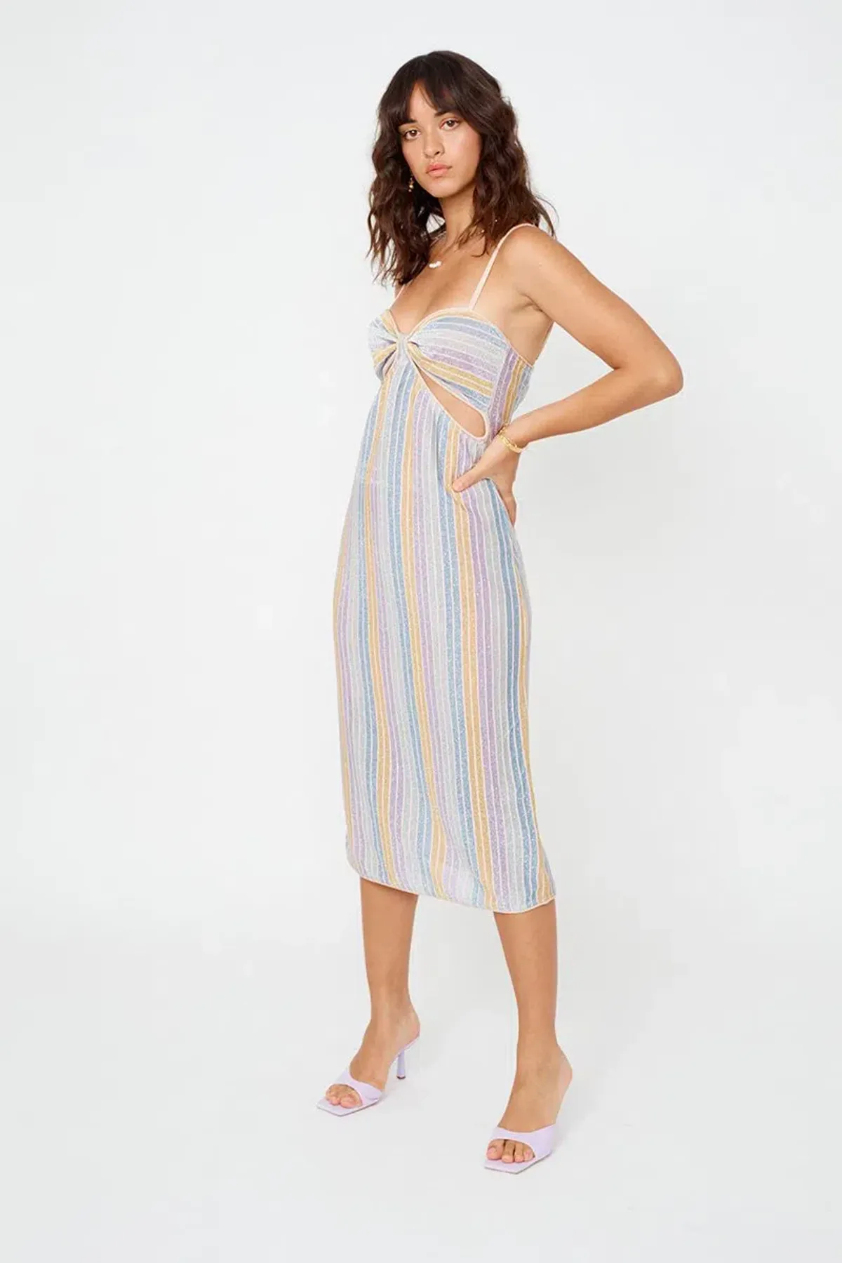 Suboo Elise Cut Out Midi Dress Lilac Stripe Metallic Size AU 8 - Image 3