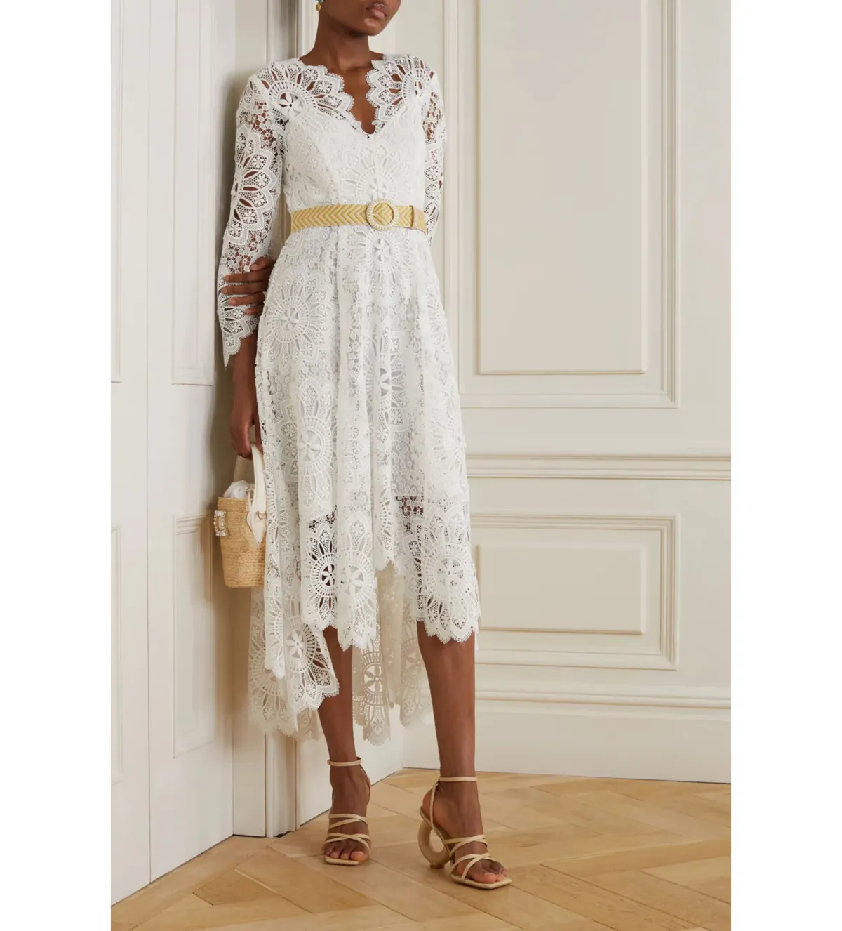 Zimmermann Chintz Doily Belted Asymmetric Guipure Lace Midi Dress White Size 2/Au 12 - Image 1