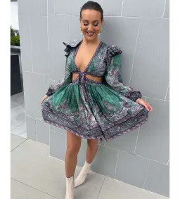 Zimmermann Anneke Ruffle Mini Dress Teal Paisley Size 0P/AU 6P for rent on The Volte - image 2