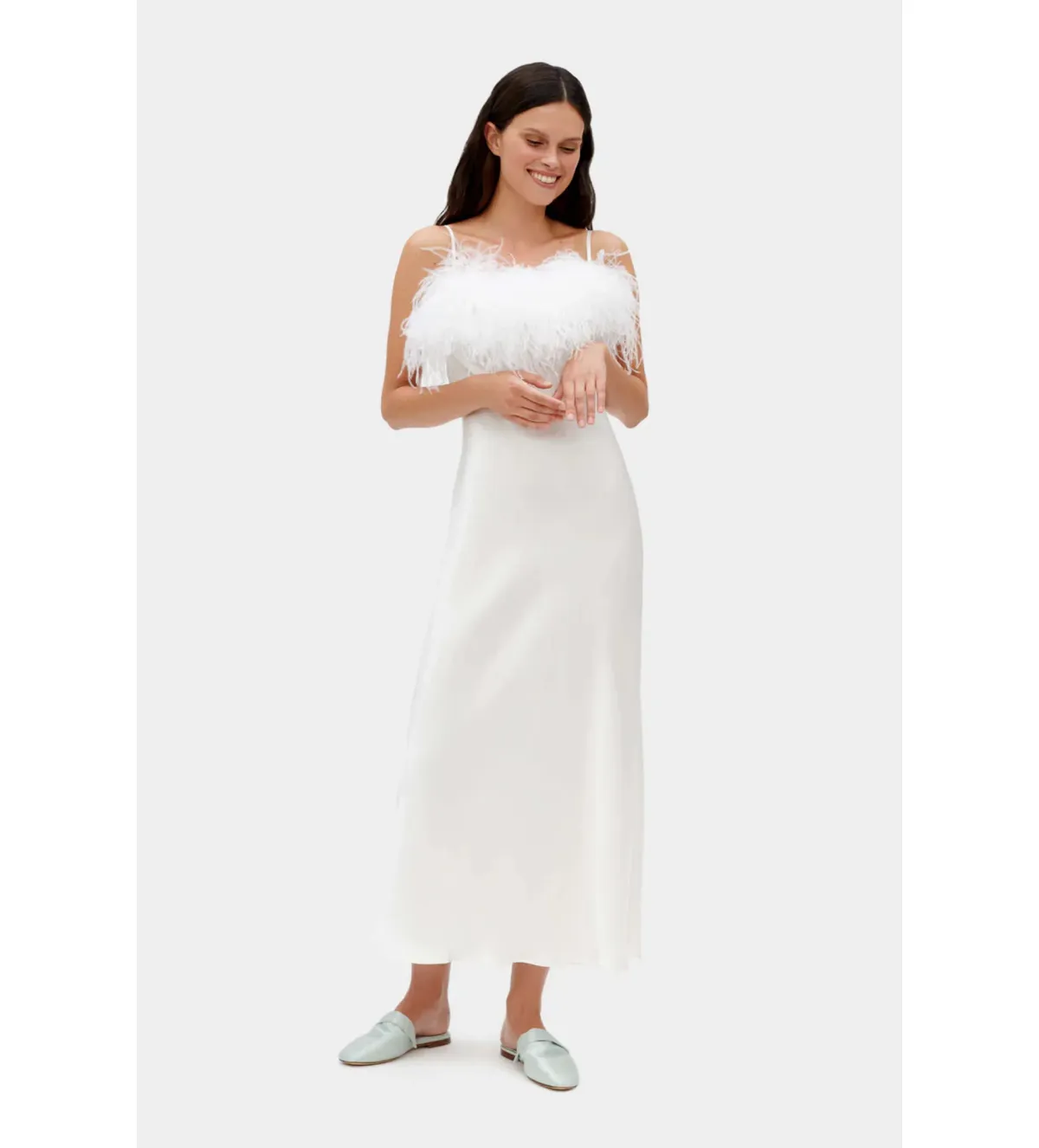 Sleeper Boheme Slip Midi Dress with Feathers in White Size 8 - Image 1