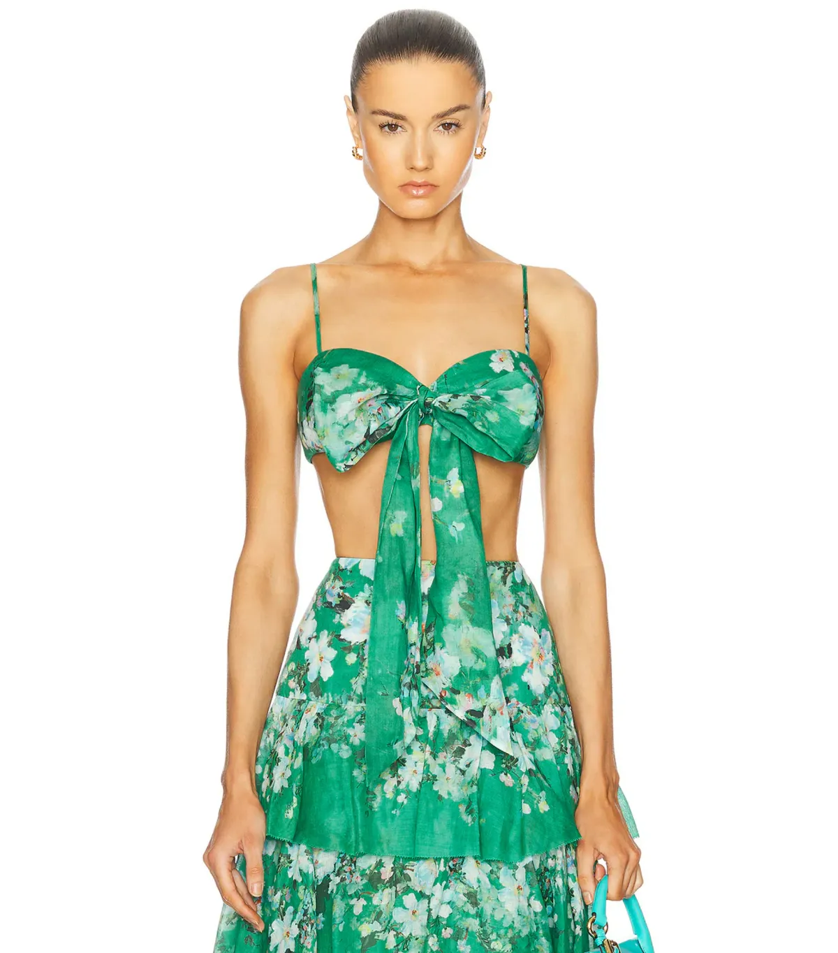 Zimmermann Everley Draped Bow Bralette and Tiered Midi Skirt Set in Green Watercolour Floral Size 8/XS - Image 4