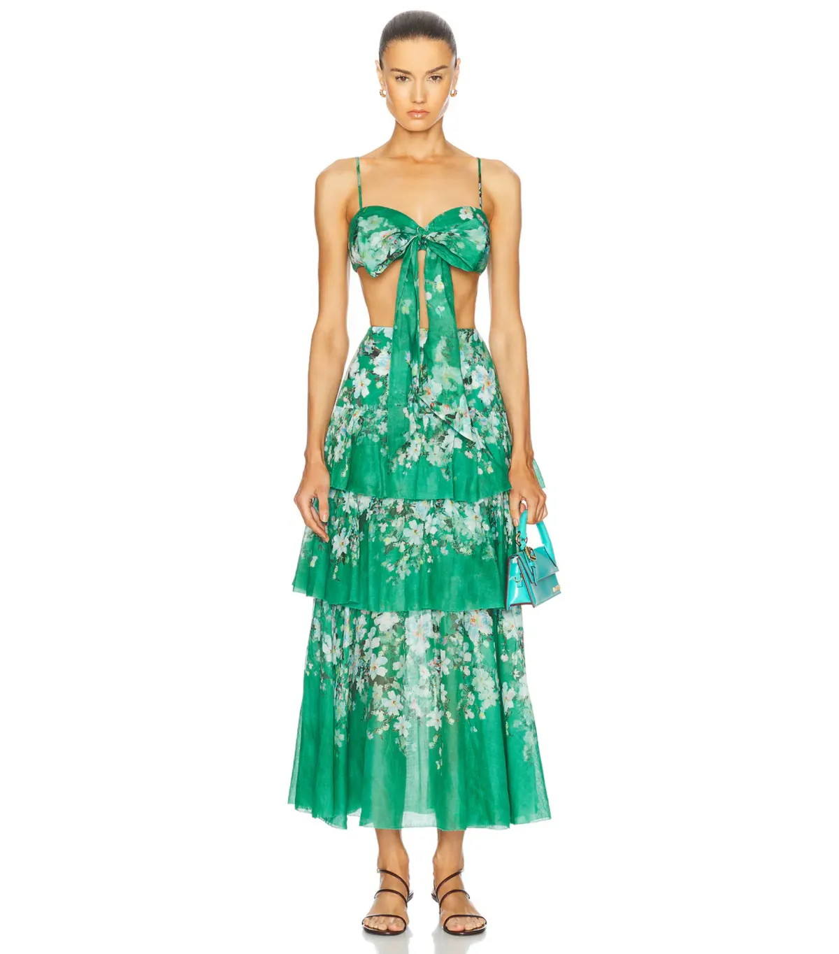 Zimmermann Everley Draped Bow Bralette and Tiered Midi Skirt Set in Green Watercolour Floral Size 8/XS - Image 3