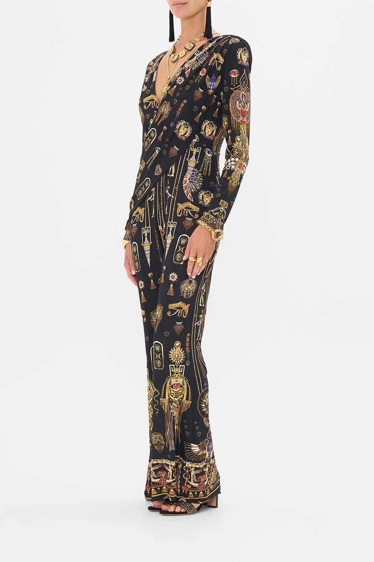 Camilla Draped V Neck Jersey Flared Jumpsuit Multi Print Size 12 - Image 3