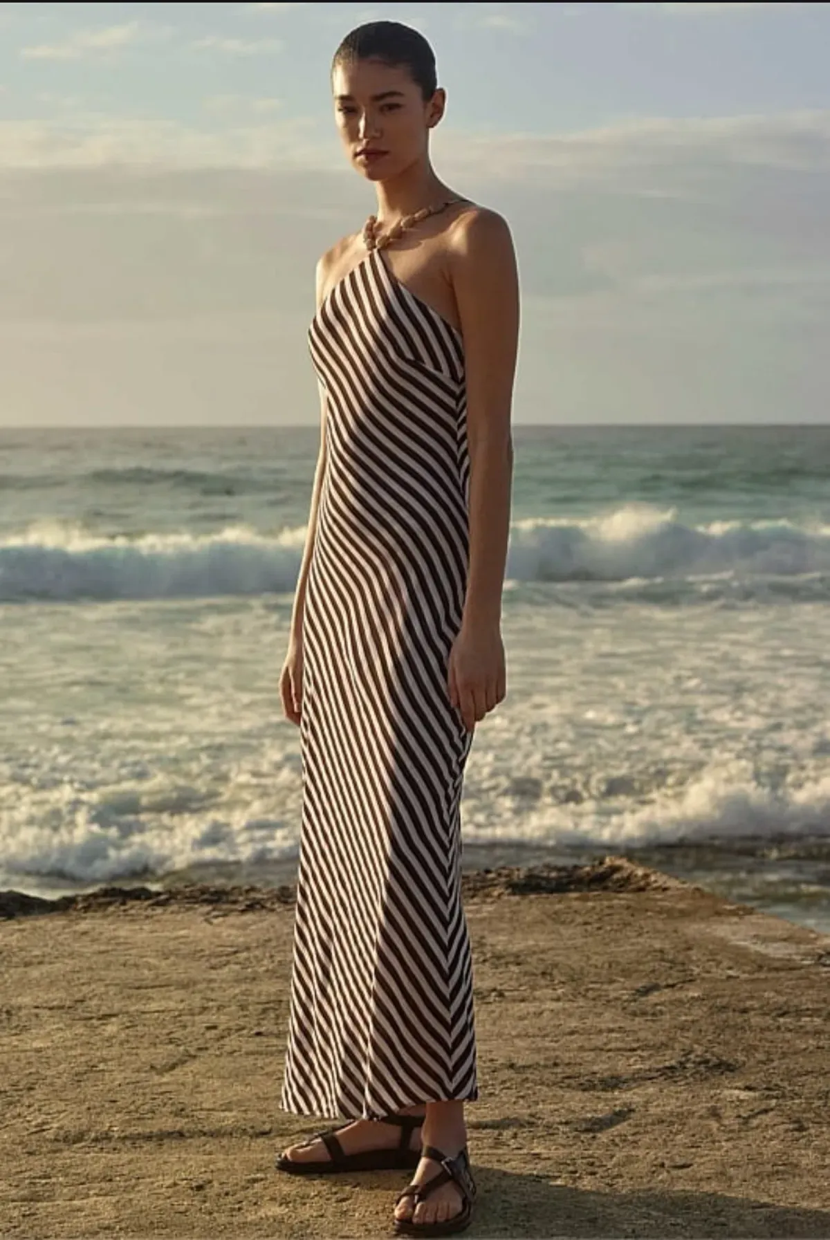 Witchery Brown and White Stripe Halter Dress Size 4 - Image 2