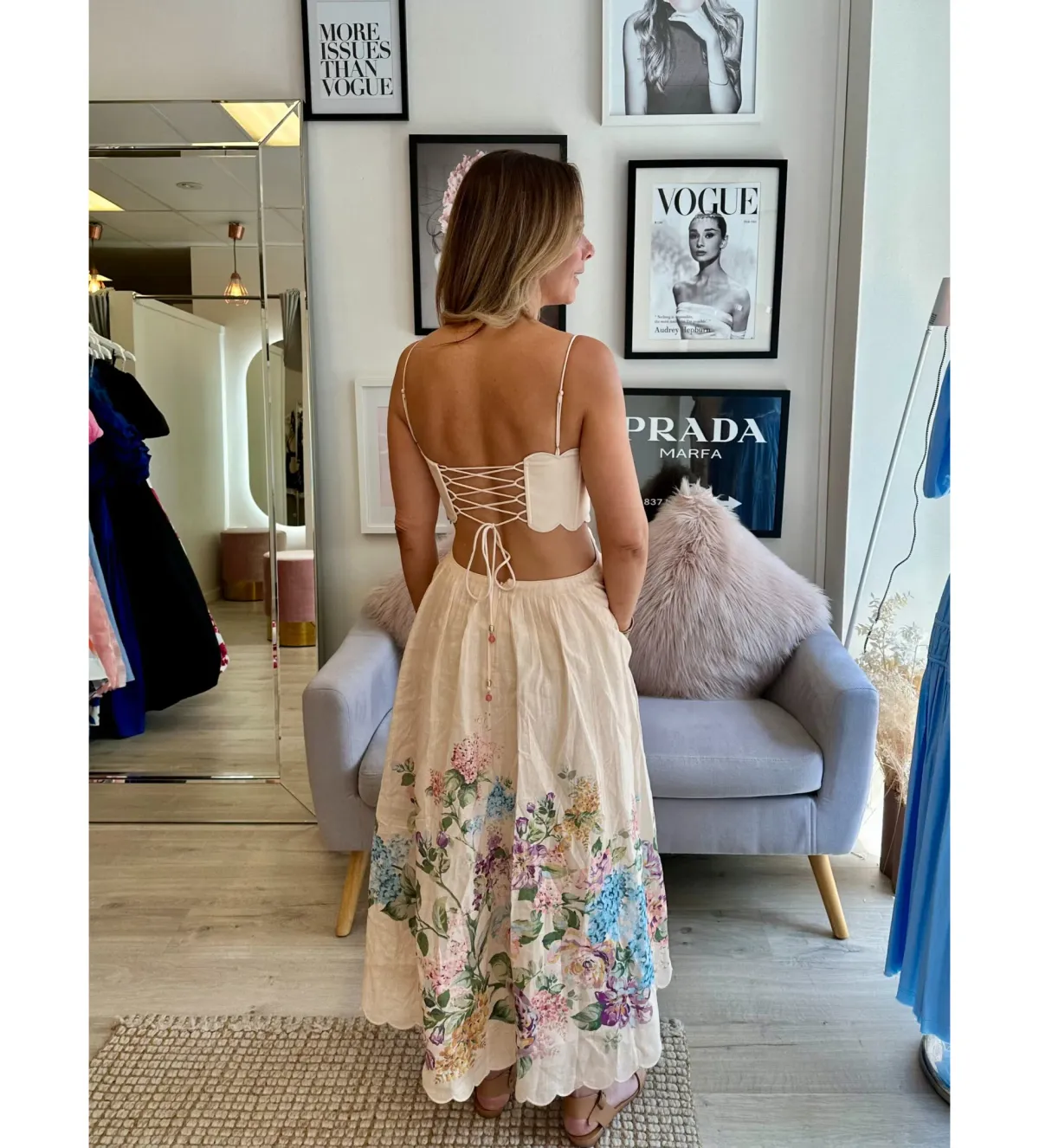 ZImmermann The Halliday Scallop Midi Dress in Cream Watercolour Floral Size 0/AU 8 - Image 3
