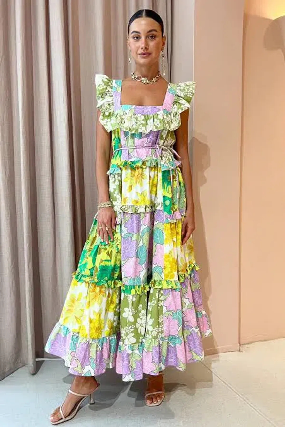 Alemais Elora Patchwork Tiered Midi Dress Multi Size AU 10 - Image 1