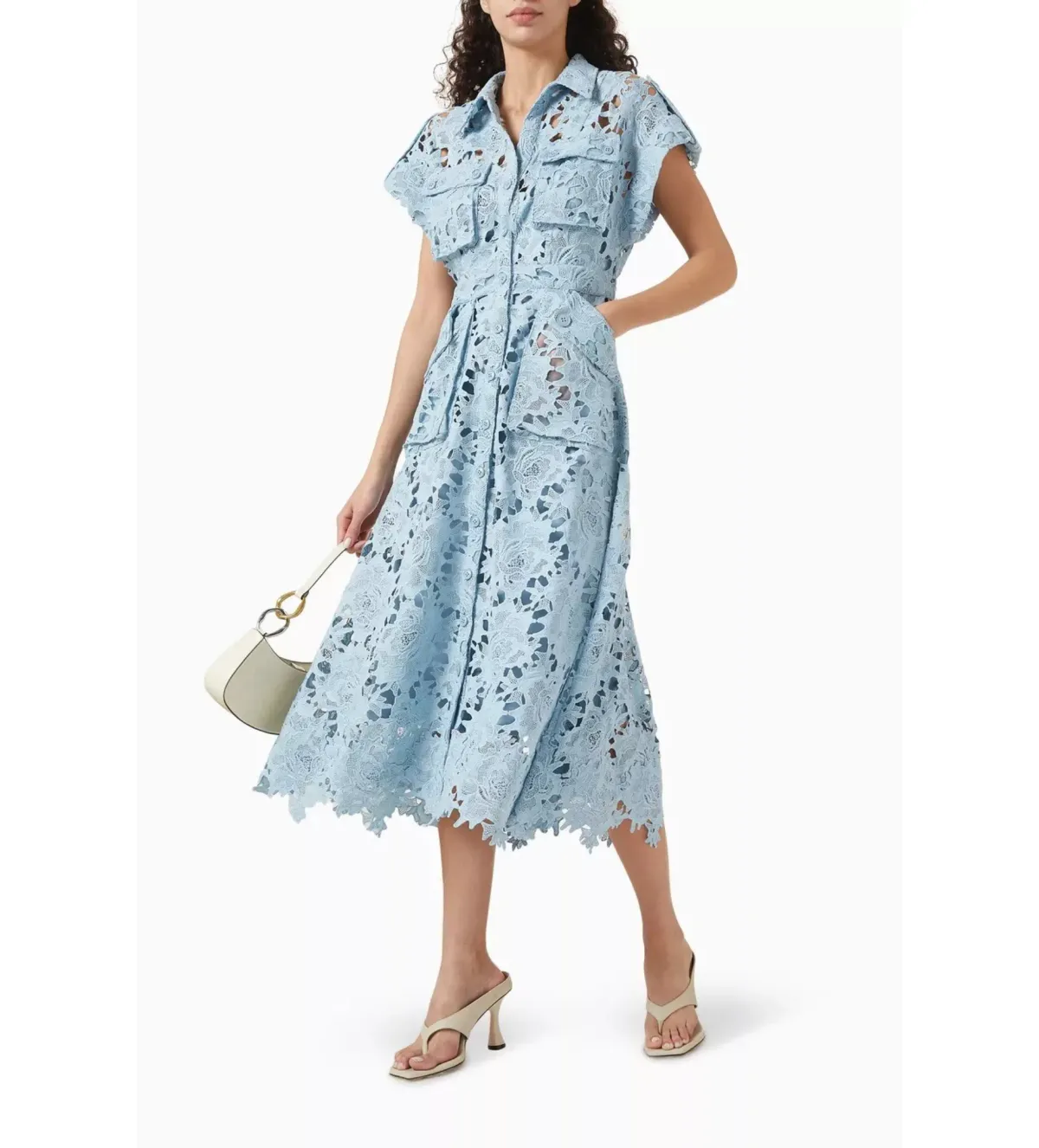 Leo Lin Lace Pocket Shirt Midi Dress Powder Blue Size AU 10 - Image 3