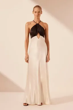Shona Joy Lino Cross Back Halter Maxi Dress Cream Black Size 6 for rent on The Volte - image 1