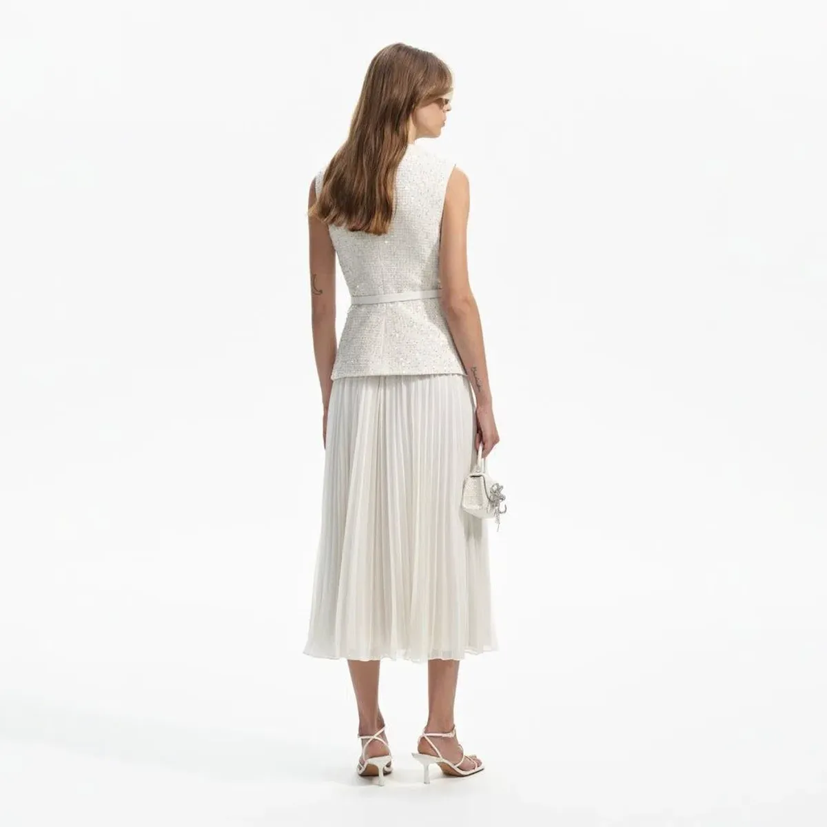 Self Portrait Sequined Bouclé Midi Dress in Cream Size 10 - Image 2