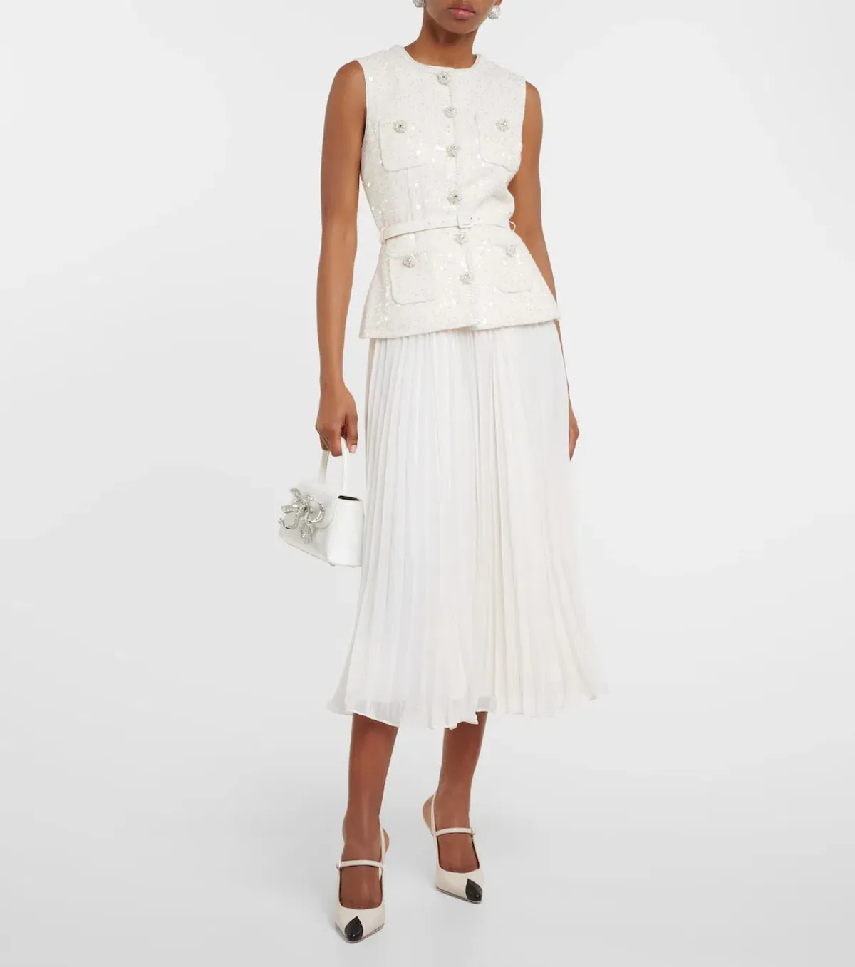 Self Portrait Sequined Bouclé Midi Dress in Cream Size 10 - Image 1