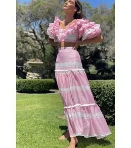 Mackenzie Mode Storybook Top and Maxi Skirt Pink White Set Size 6/XS for rent on The Volte - image 2