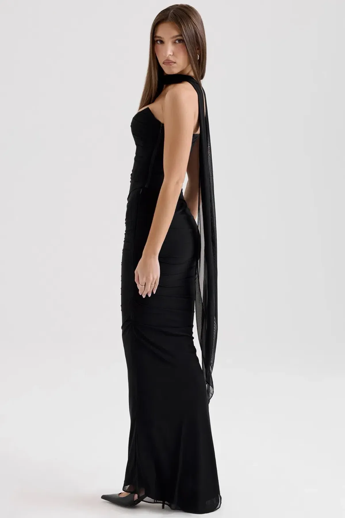 House of CB Black Hallie Strapless Corset With Neck Scarf & Cassidy Fluted Hem Maxi Skirt Set Size in Black XS / AU 6 - Image 4