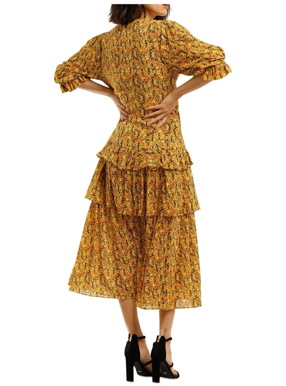 Camilla and Marc Rimini Tiered Midi Dress in Yellow Small Floral Print Size 8 - Image 2