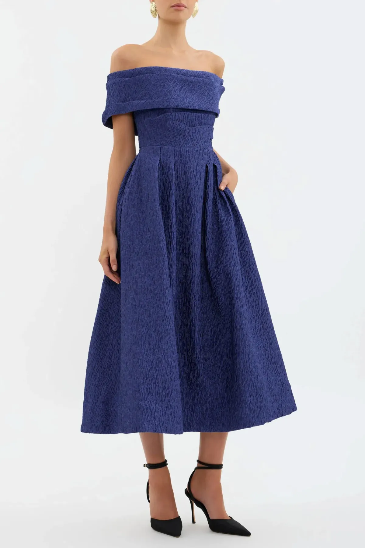 Rebecca Vallance Helene Off Shoulder Midi Dress Blue Size 10 - Image 3