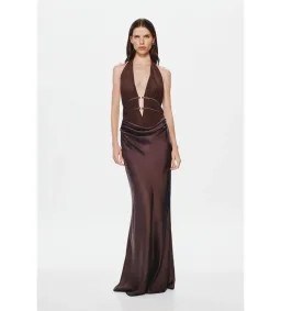 Misha The Celine Satin Maxi Dress Umber Brown Size 10 for rent on The Volte - image 1
