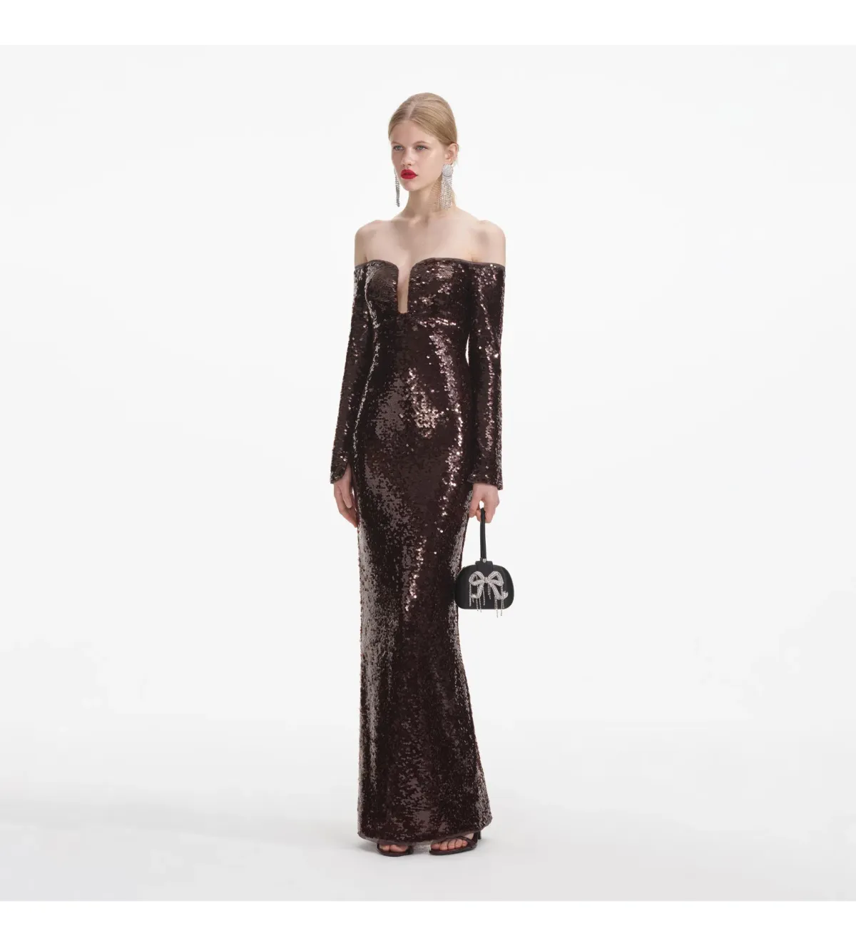 Self-portrait Sequin Off-shoulder Maxi Dress In Brown Size 14 - Image 1
