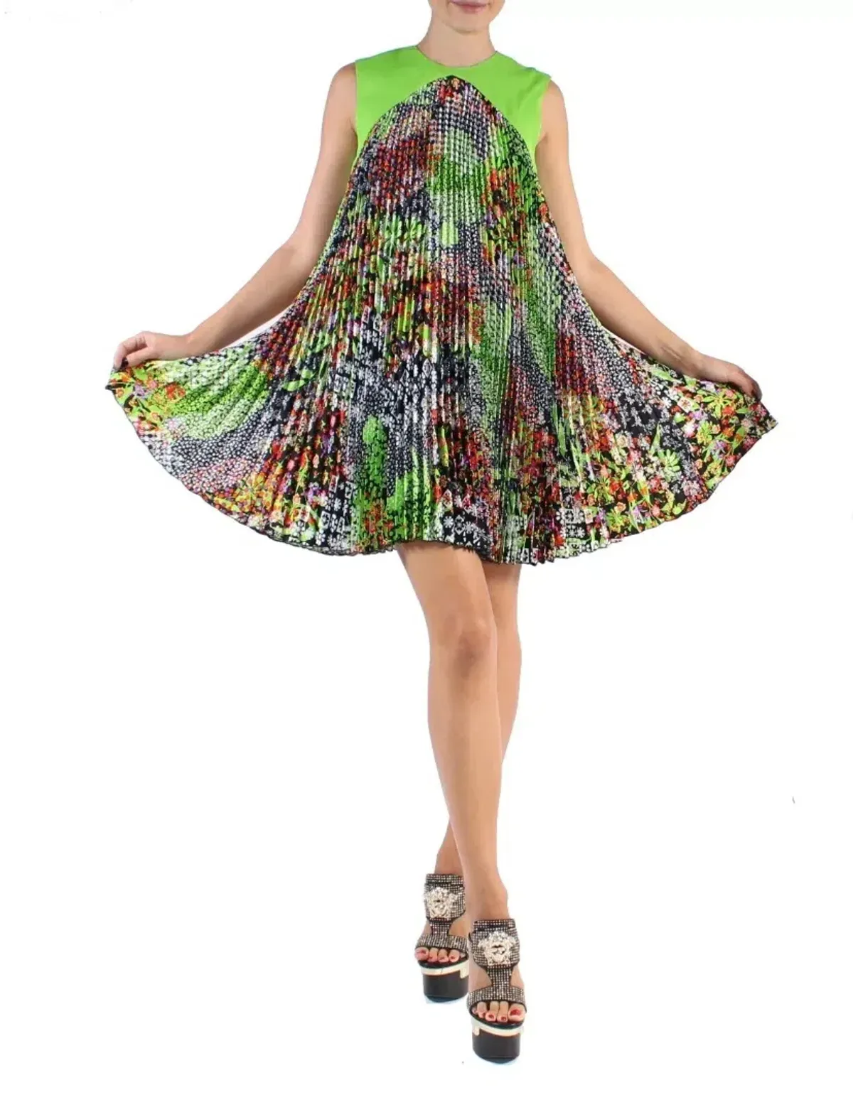 Versace Green Multicolor Plisse Tent Mini Dress Sleeveless Made in Italy Size 38 - Image 1