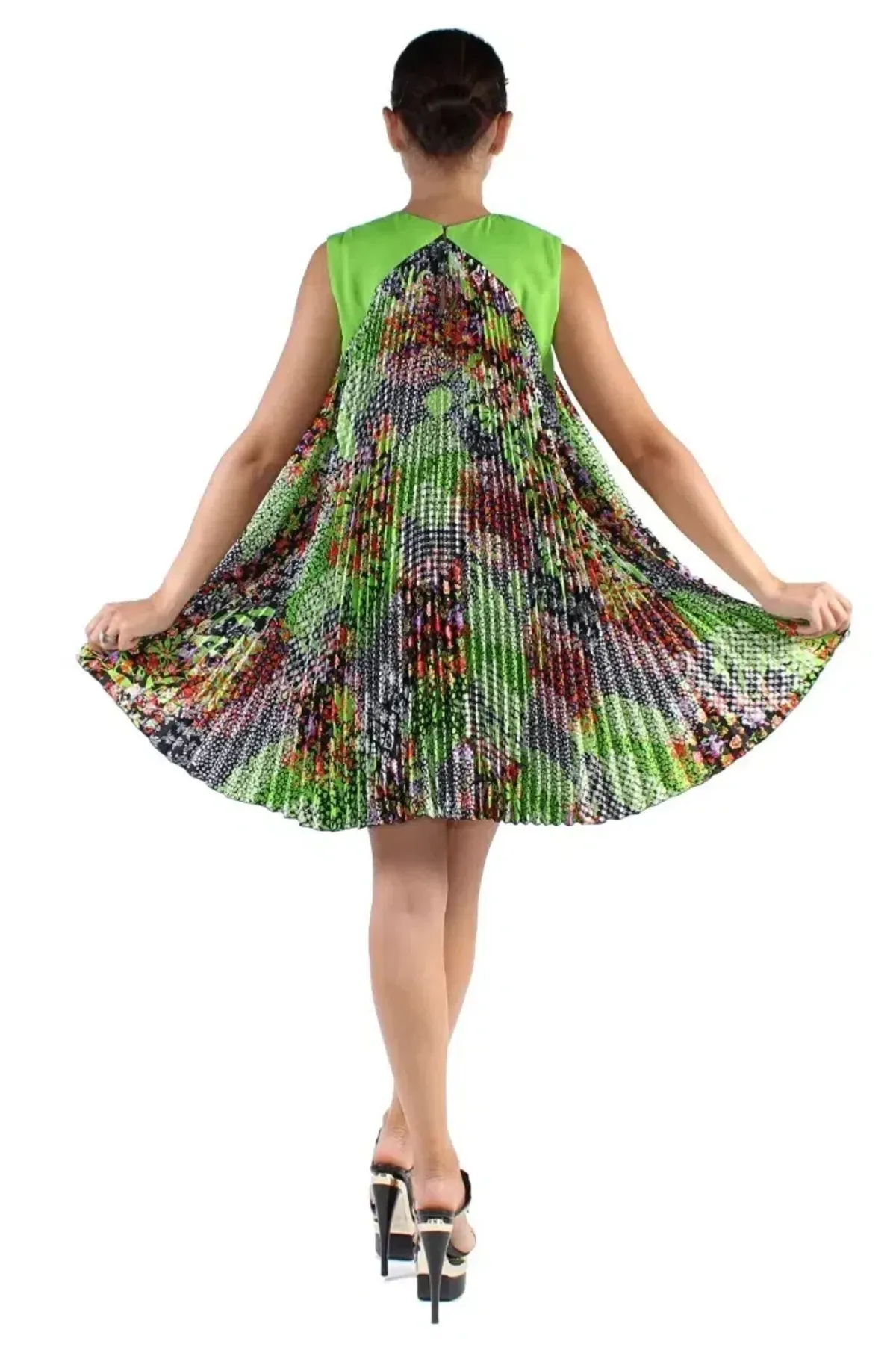 Versace Green Multicolor Plisse Tent Mini Dress Sleeveless Made in Italy Size 38 - Image 5