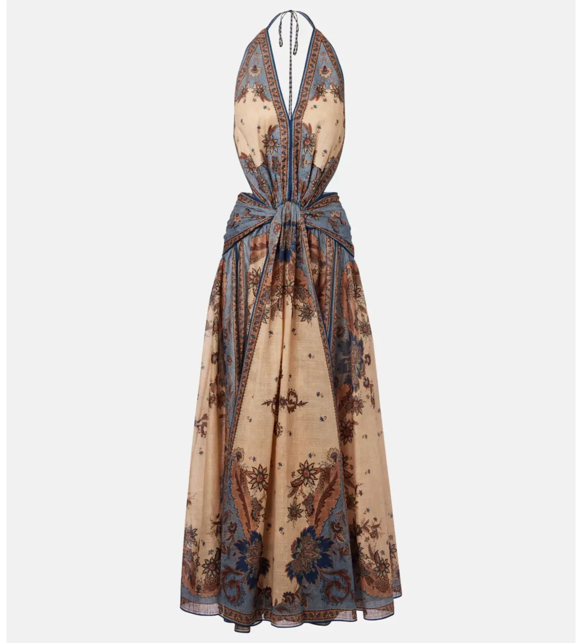 Zimmermann Ascension Plunge Halter Maxi Dress in Blue & Cream Indienne Floral Size 1/ AU 10 - Image 4