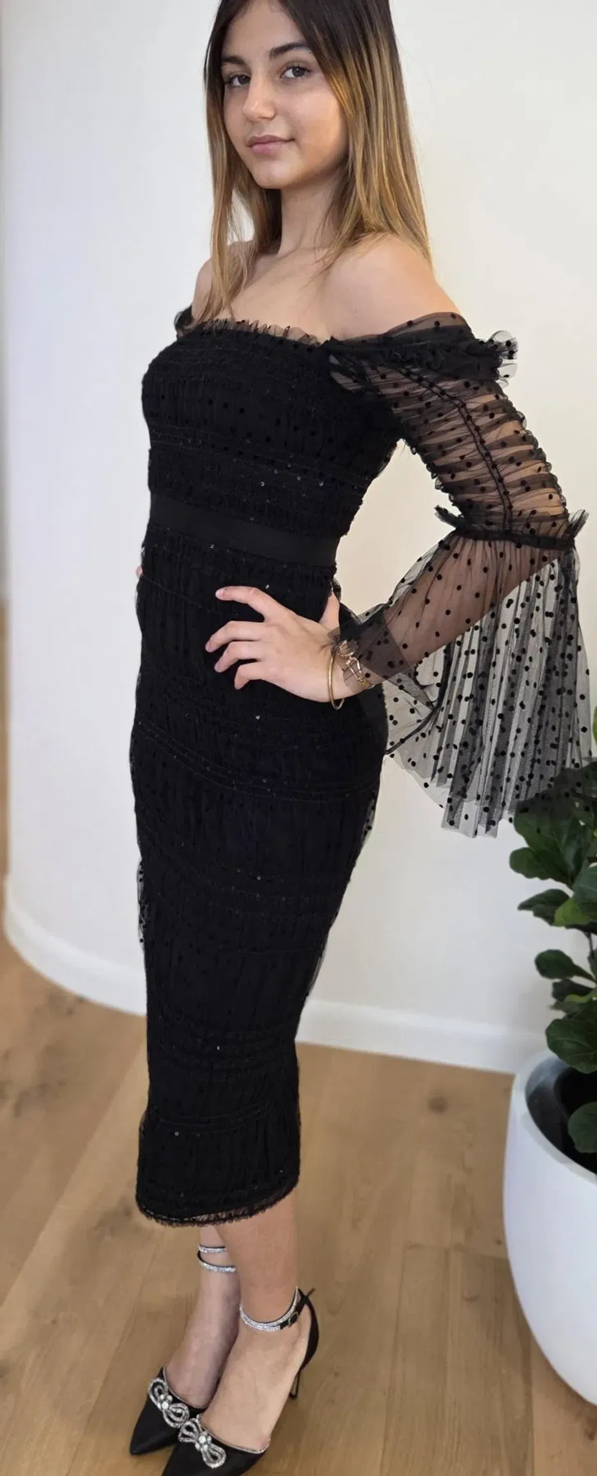 Self-Portrait Sequin Dot Mesh Midi Dress Black Size 10 - Image 4