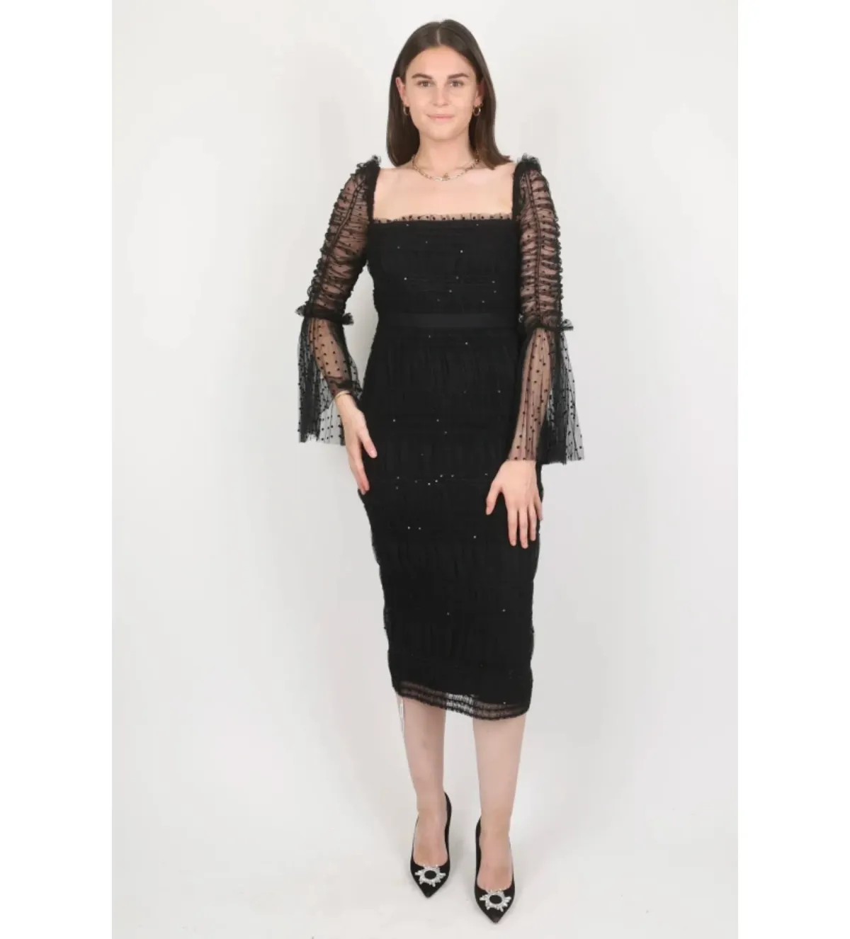 Self-Portrait Sequin Dot Mesh Midi Dress Black Size 10 - Image 1