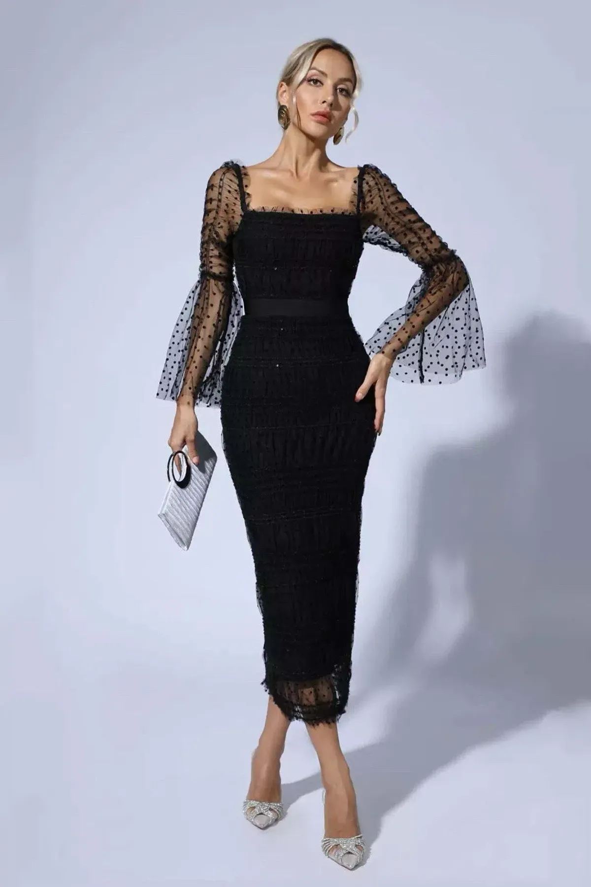 Self-Portrait Sequin Dot Mesh Midi Dress Black Size 10 - Image 2