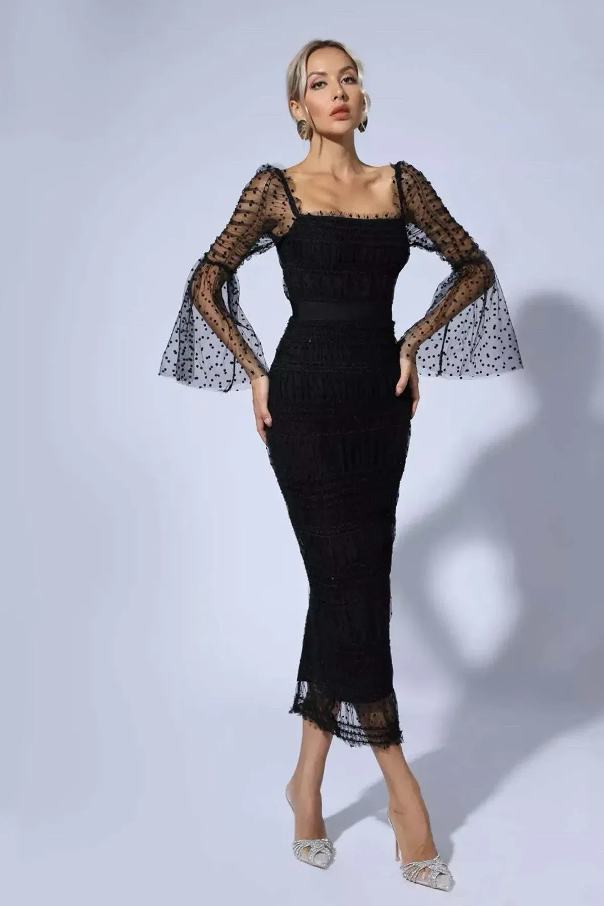 Self-Portrait Sequin Dot Mesh Midi Dress Black Size 10 - Image 3
