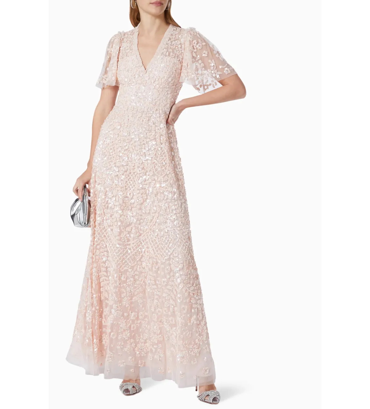 Needle and Thread Amalie Sequin V-Neck Gown Pale Pink in Size 8 - Image 1