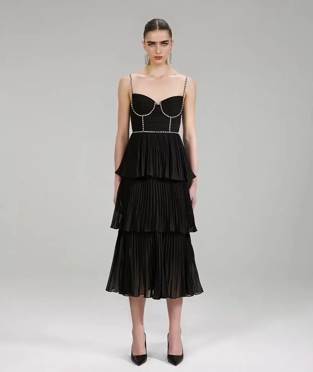 Self-Portrait Chiffon Tiered Midi Dress Black Size AU 10 - Image 1