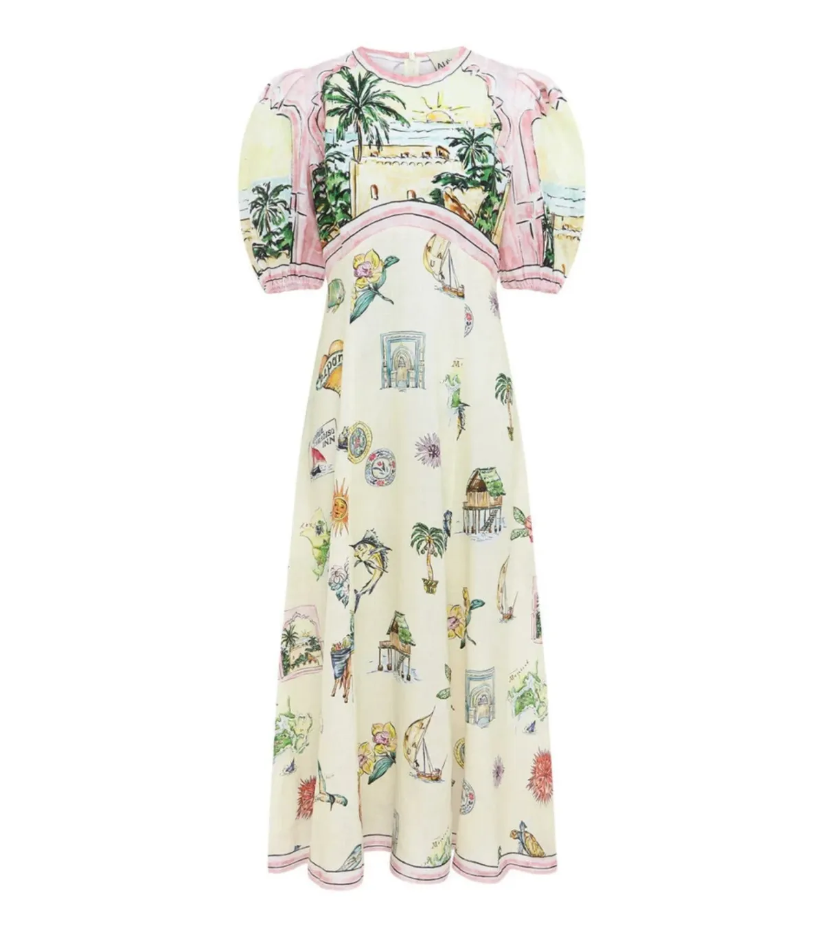 Alemais Sunset Puff-Sleeve Printed Linen Midi Dress Print Size AU 8 - Image 3