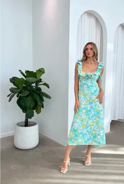 Zimmermann High Tide Frilled Midi Dress Aqua Ikat Floral Size 1 / AU 10  for rent on The Volte - image 1