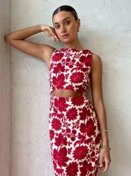 Sir The Label Cinta Linen Cut Out Midi Dress Red Floral Size 1/AU 8 for rent on The Volte - image 4