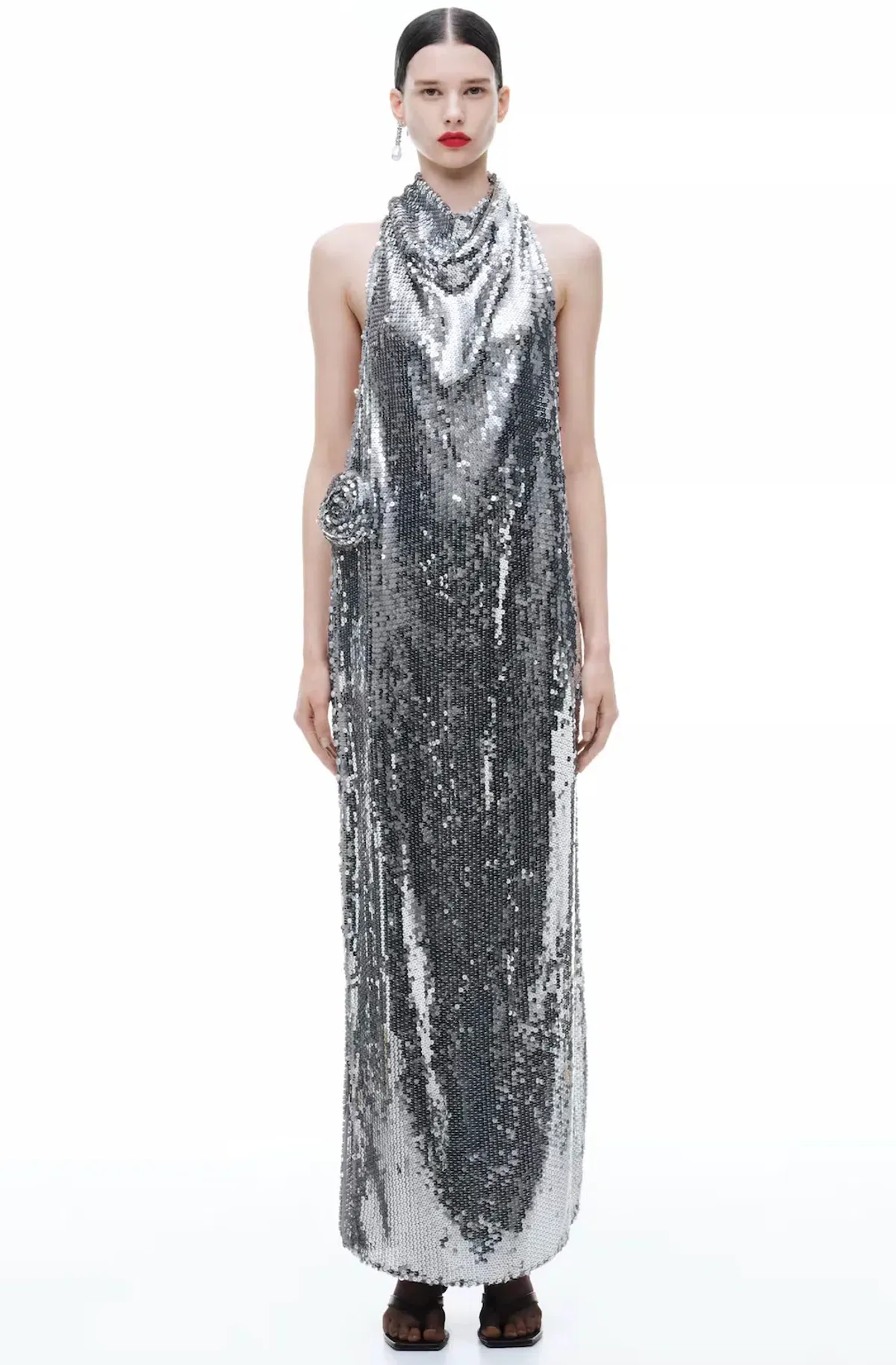 Magda Butrym H&M Sequin Rose Appliqué Maxi Dress in Silver Size XL AU 12 - Image 1