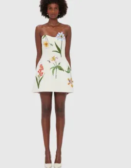 Leo Lin Rosario Velvet Mini Dress Botanical Print Snow Size 8 for rent on The Volte - image 1