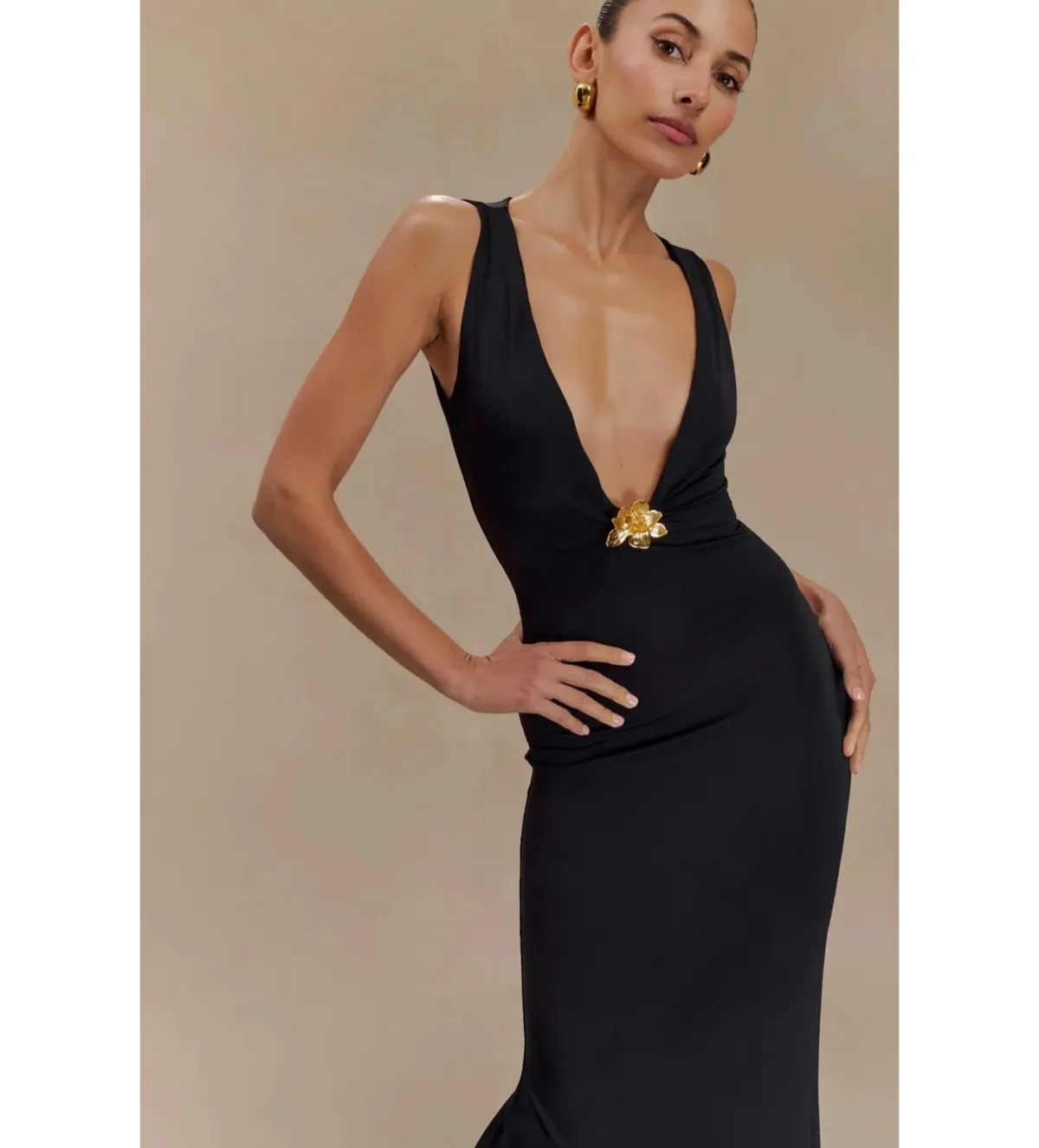 MESHKI Beck Plunge Maxi Dress Black with Floral Hardware Size S AU 8 - Image 3