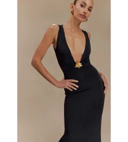 MESHKI Beck Plunge Maxi Dress Black with Floral Hardware Size S AU 8 for rent on The Volte - image 3