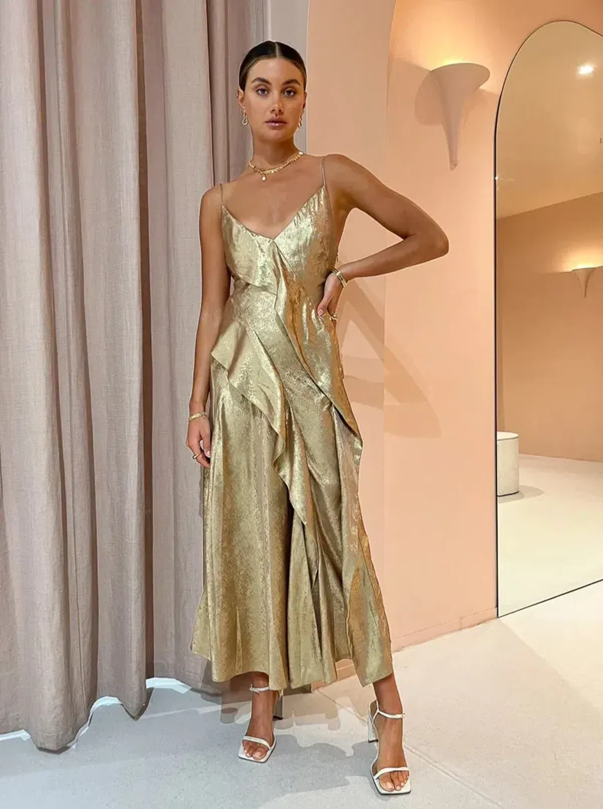 Acler Queensbridge Midi Dress Gold Size 10 - Image 2