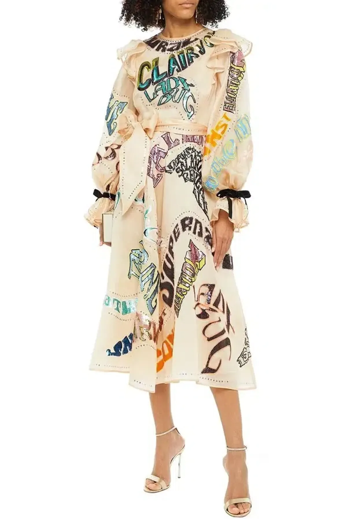 Zimmermann Ladybeetle Embelished Ruffled Silk-Satin Midi Dress Cream Print Size 0 / AU 6 - Image 1