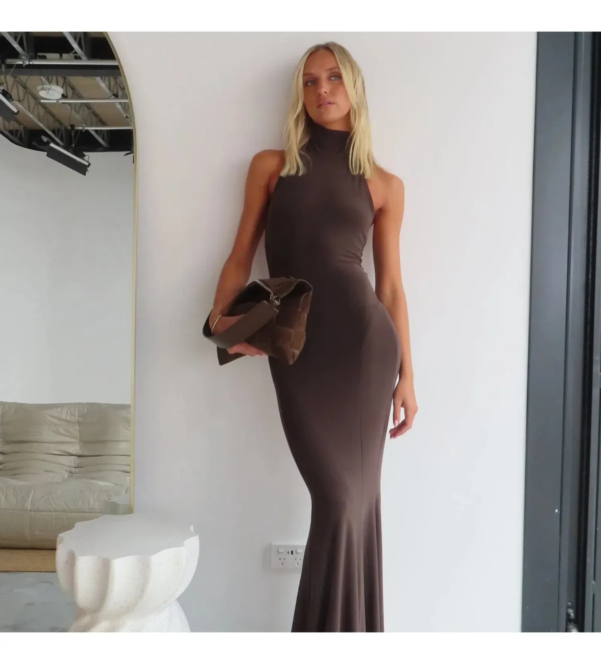 Norma Kamali Halter Turtle Fishtail Gown Chocolate Size AU 8 - Image 7