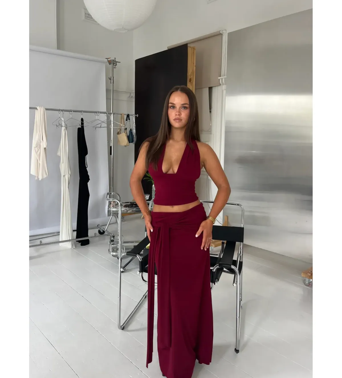 LaMarie Sofia Halter Top and Low Rise Sash Maxi Skirt Set Wine Size S/ 8 - Image 2