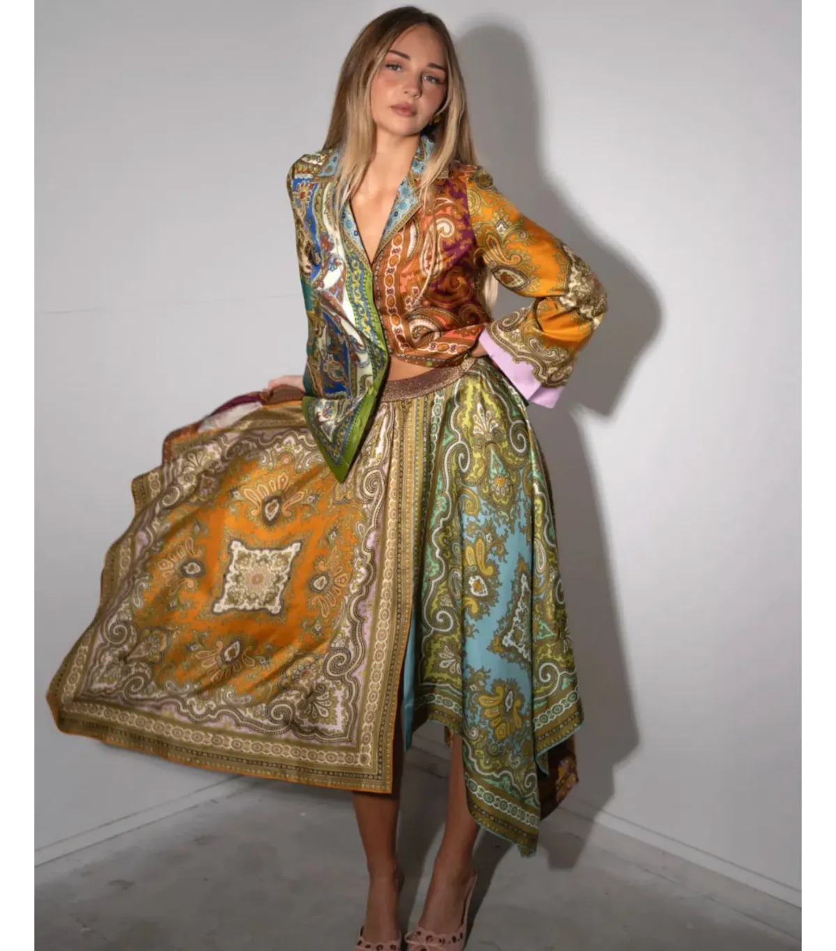 Alemais Clemenza Spliced Silk Shirt and Scarf Skirt Set Multi Size 8 - Image 3