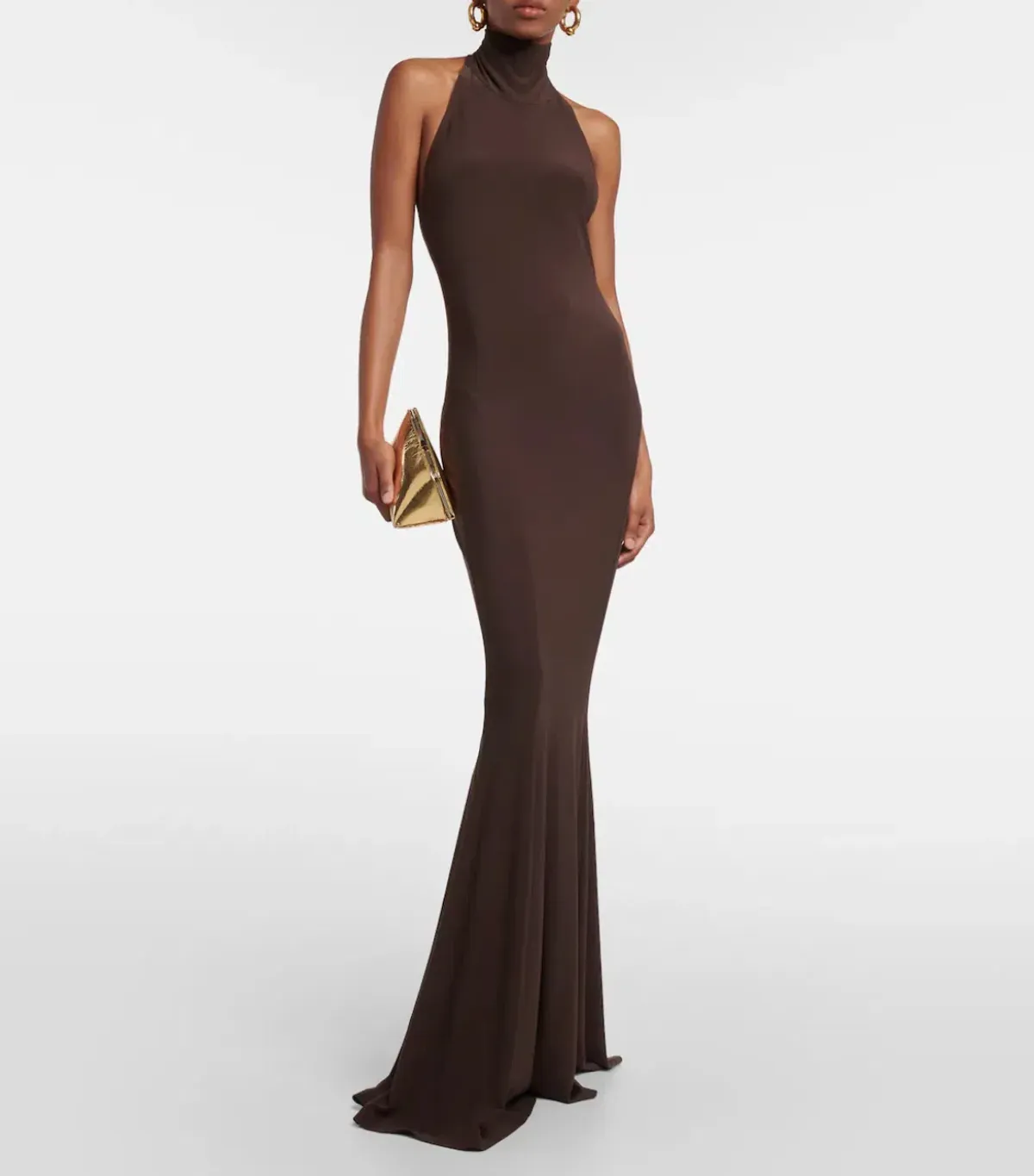 Norma Kamali Halter Turtle Fishtail Gown Brown Size 8 - Image 3