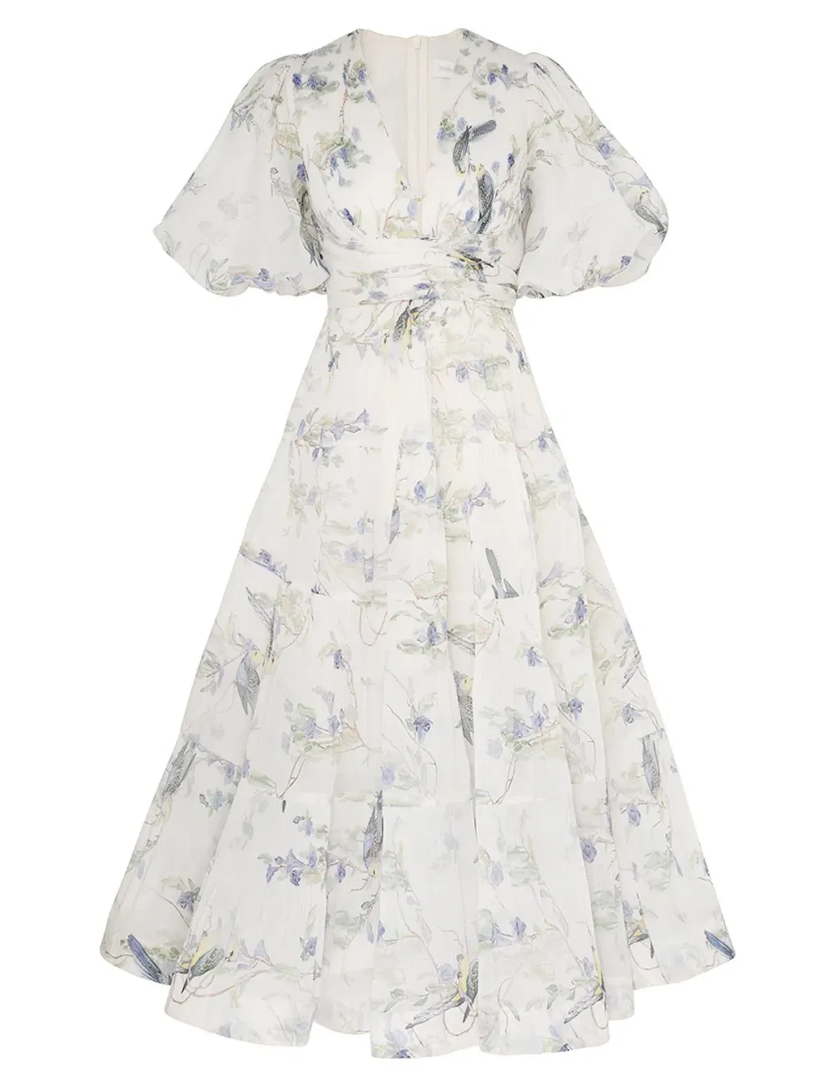 Zimmermann Pleated Midi Dress Blue Birds Size 3 AU 14 - Image 4
