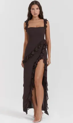 House of CB Ariela Espresso Ruffle Maxi Dress Size L / AU 12 for rent on The Volte - image 1