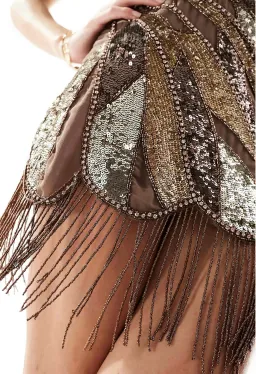 ASOS Design Embellished Wrap Mini Dress Fringe Beaded Hem Chocolate Size AU 6 for rent on The Volte - image 3